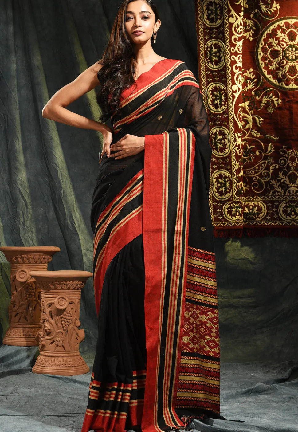Jamdani Pure Cotton Saree in Black
