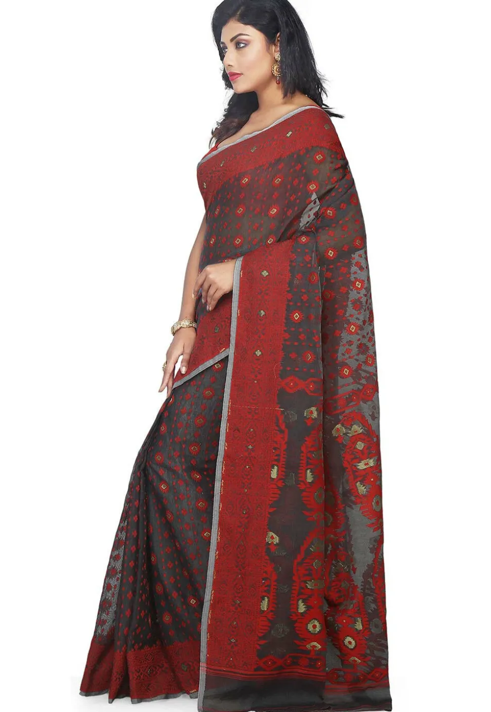 Jamdani Resham Silk Handloom Saree in Dark Grey