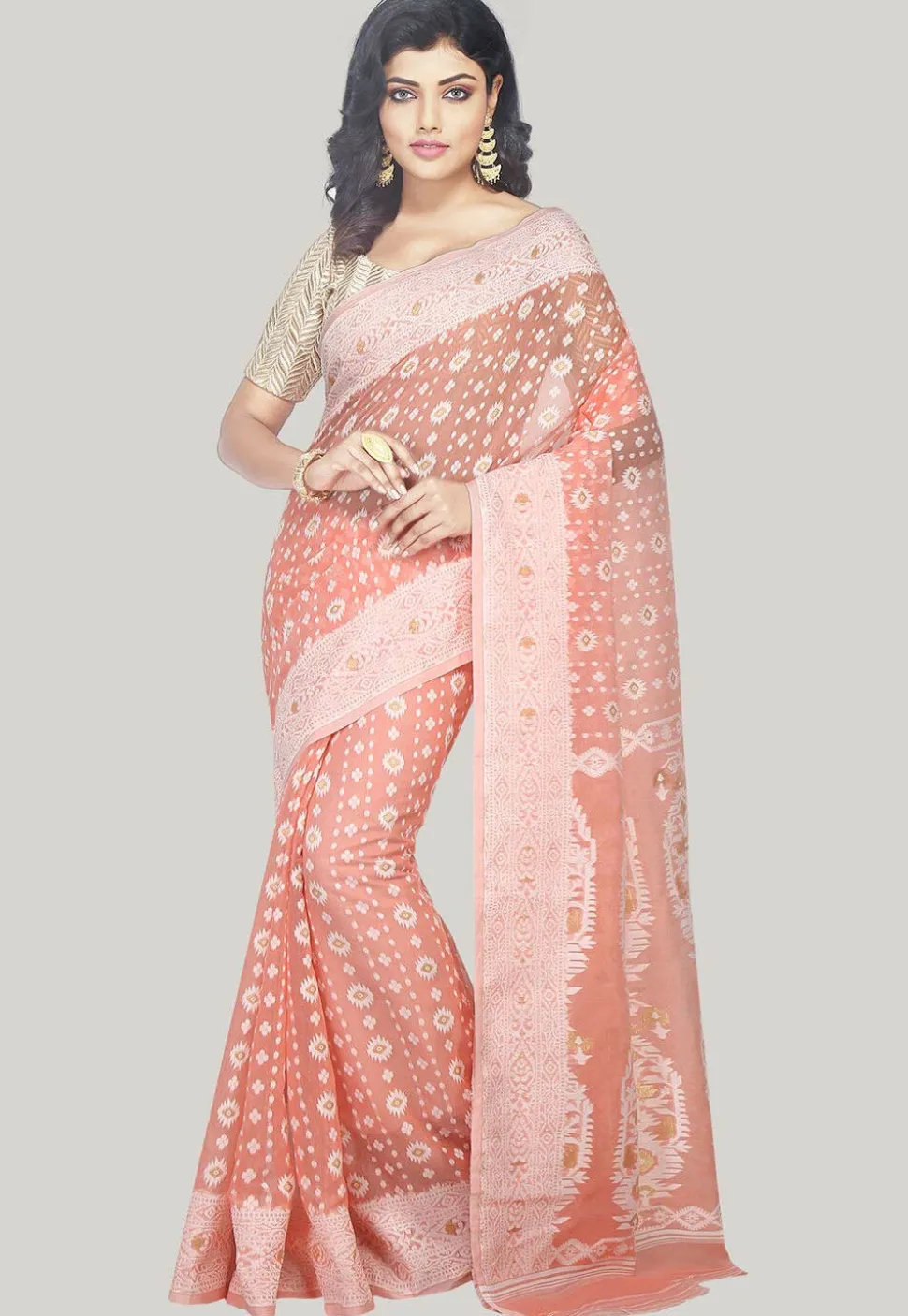 Jamdani Resham Silk Handloom Saree in Light Peach