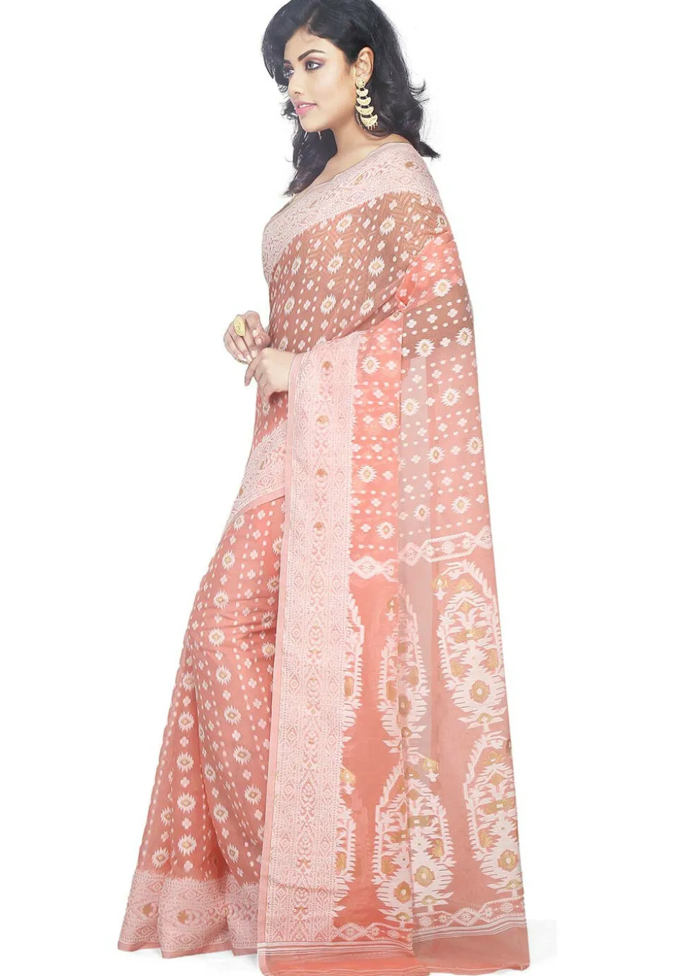Jamdani Resham Silk Handloom Saree in Light Peach