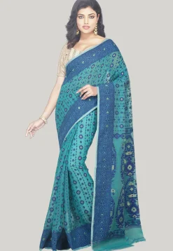 Jamdani Resham Silk Handloom Saree in Light Teal Blue