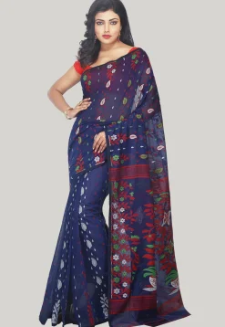 Jamdani Resham Silk Handloom Saree in Navy Blue