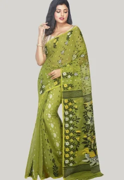 Jamdani Resham Silk Handloom Saree in Light Olive Green