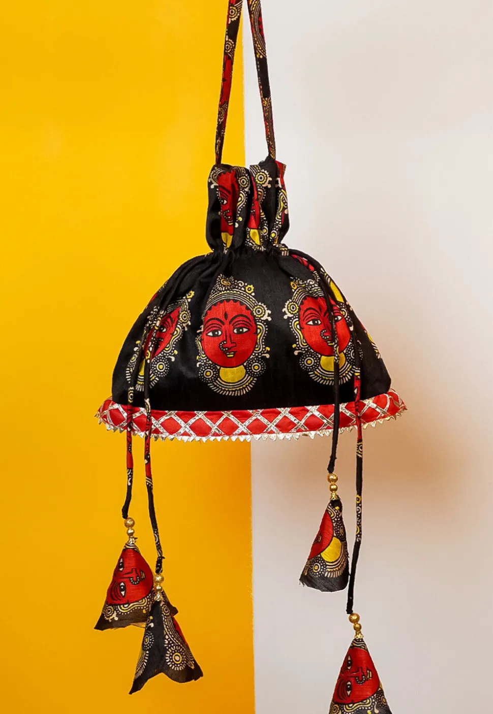 Kalamkari Printed Art Silk Potli Bag in Black