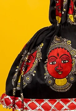Kalamkari Printed Art Silk Potli Bag in Black