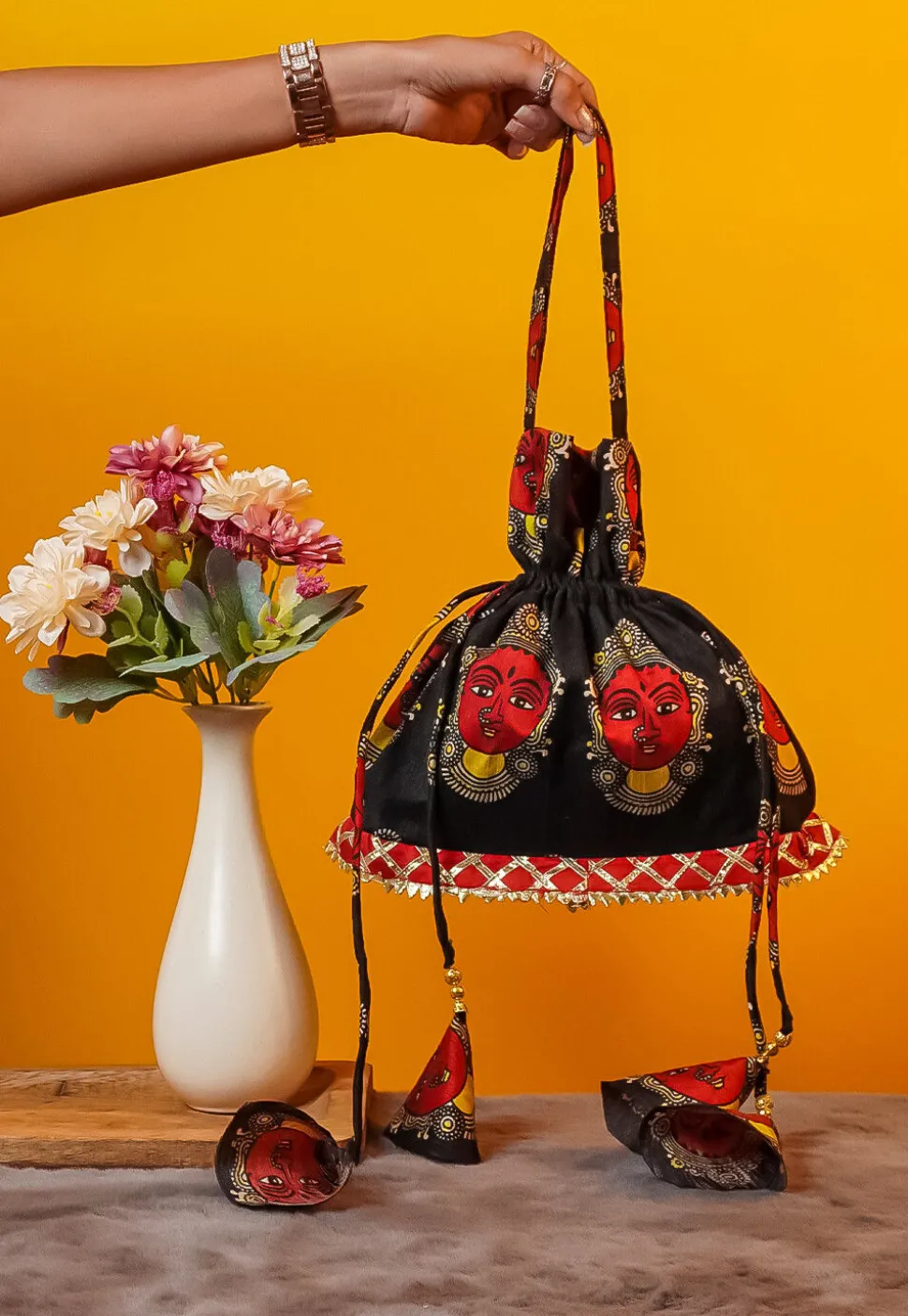 Kalamkari Printed Art Silk Potli Bag in Black
