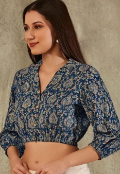 Kalamkari Printed Cotton Blouse in Navy Blue