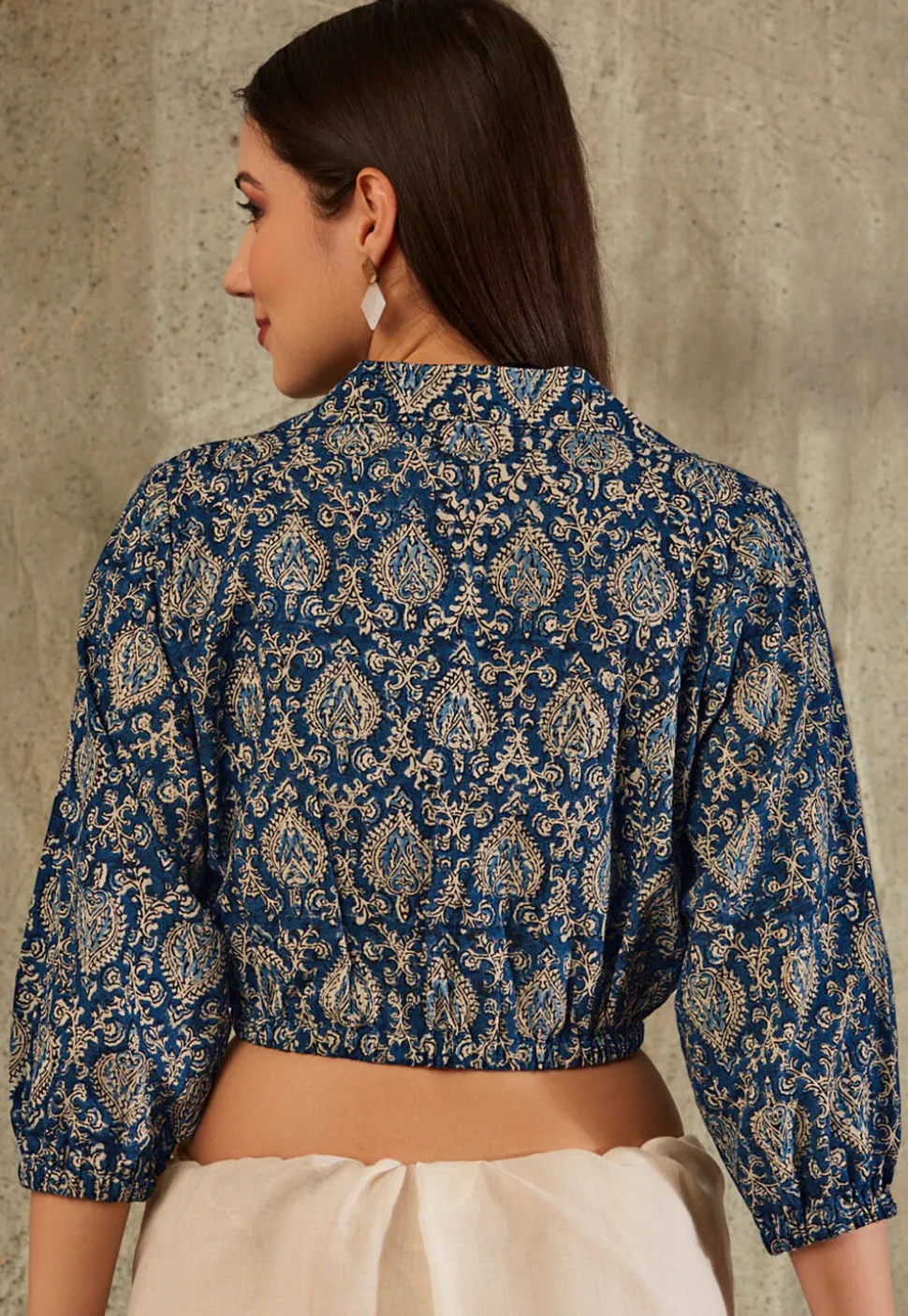 Kalamkari Printed Cotton Blouse in Navy Blue