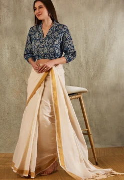 Kalamkari Printed Cotton Blouse in Navy Blue