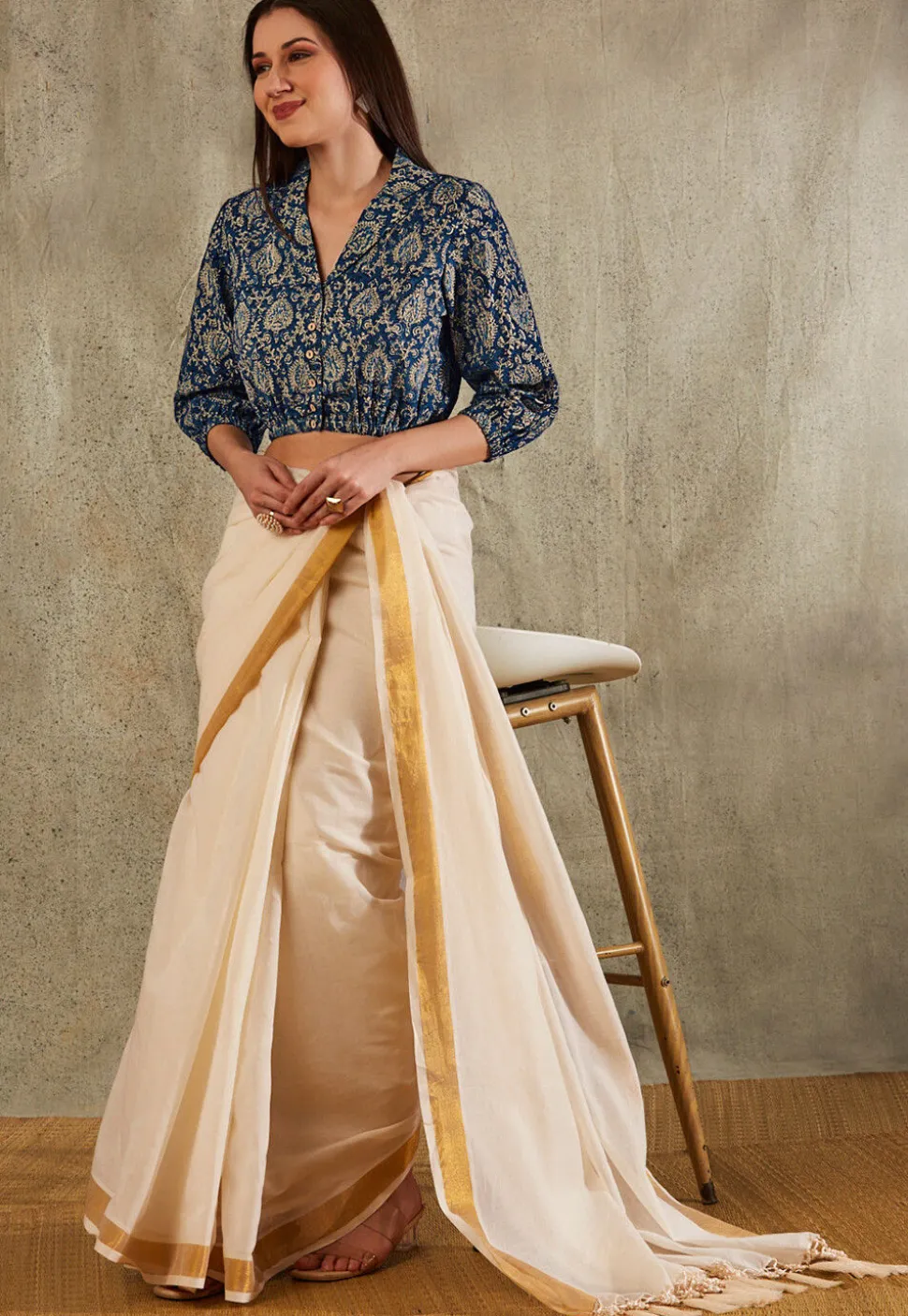 Kalamkari Printed Cotton Blouse in Navy Blue