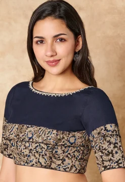Kalamkari Printed Cotton Blouse in Navy Blue and Black