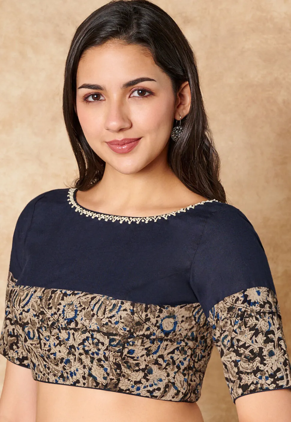 Kalamkari Printed Cotton Blouse in Navy Blue and Black
