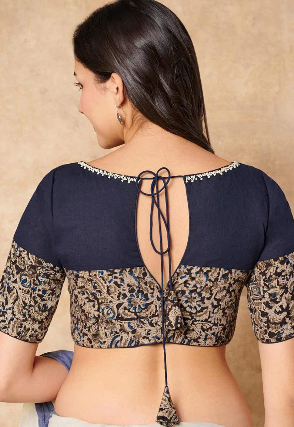Kalamkari Printed Cotton Blouse in Navy Blue and Black