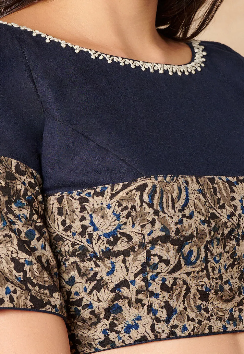 Kalamkari Printed Cotton Blouse in Navy Blue and Black