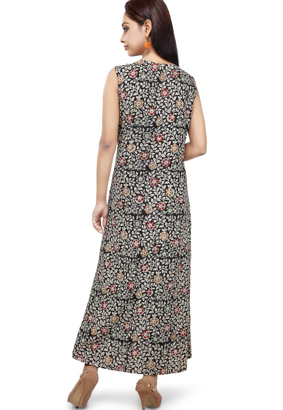 Kalamkari Printed Cotton Long Kurta in Black