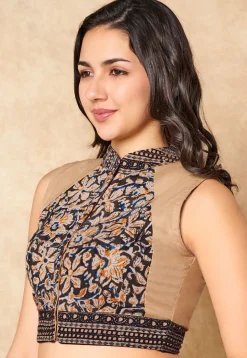 Kalamkari Printed Cotton Blouse in Beige and Black