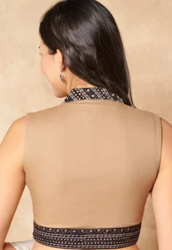 Kalamkari Printed Cotton Blouse in Beige and Black