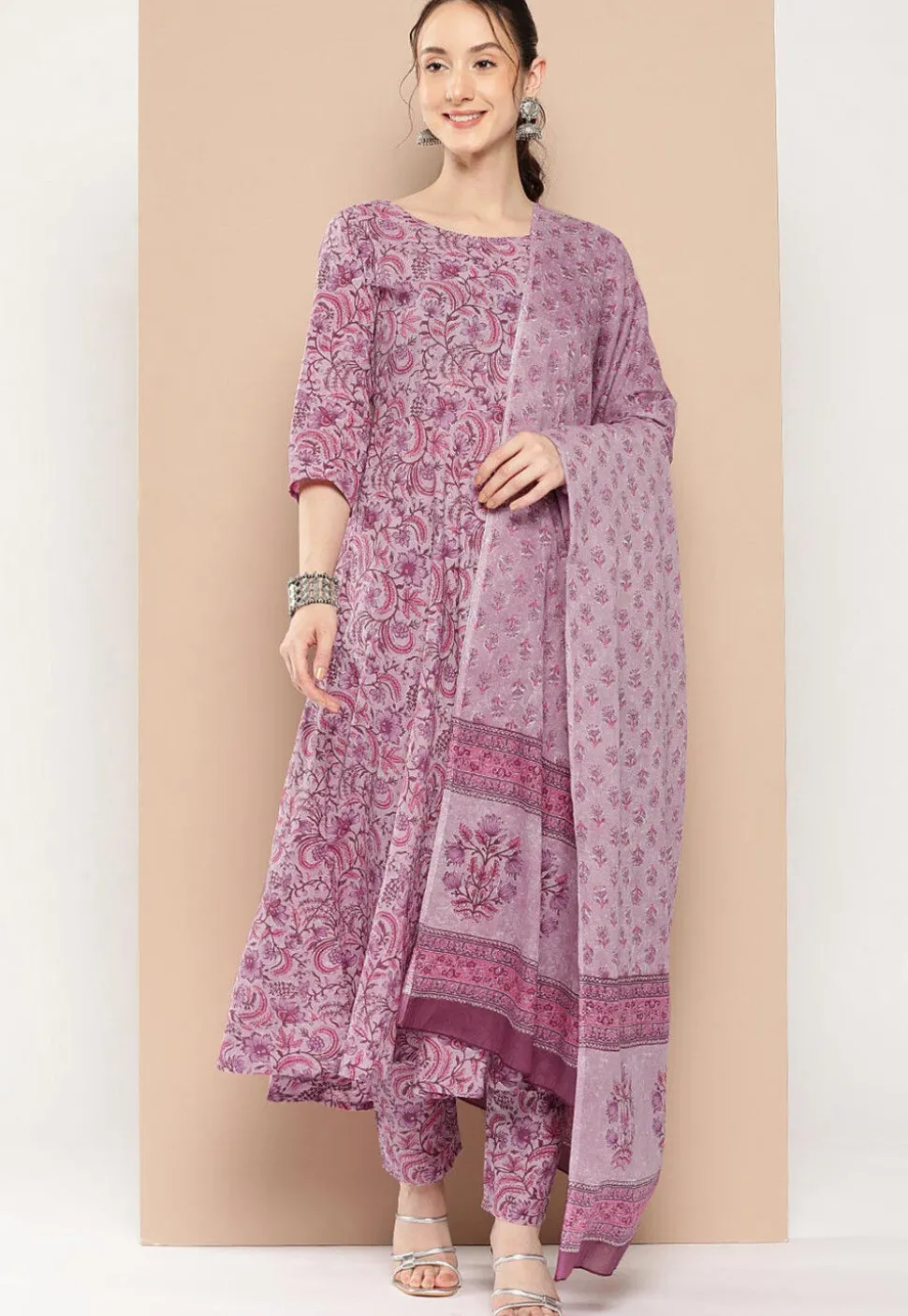 Kalamkari Printed Cotton A Line Suit in Dusty Pink