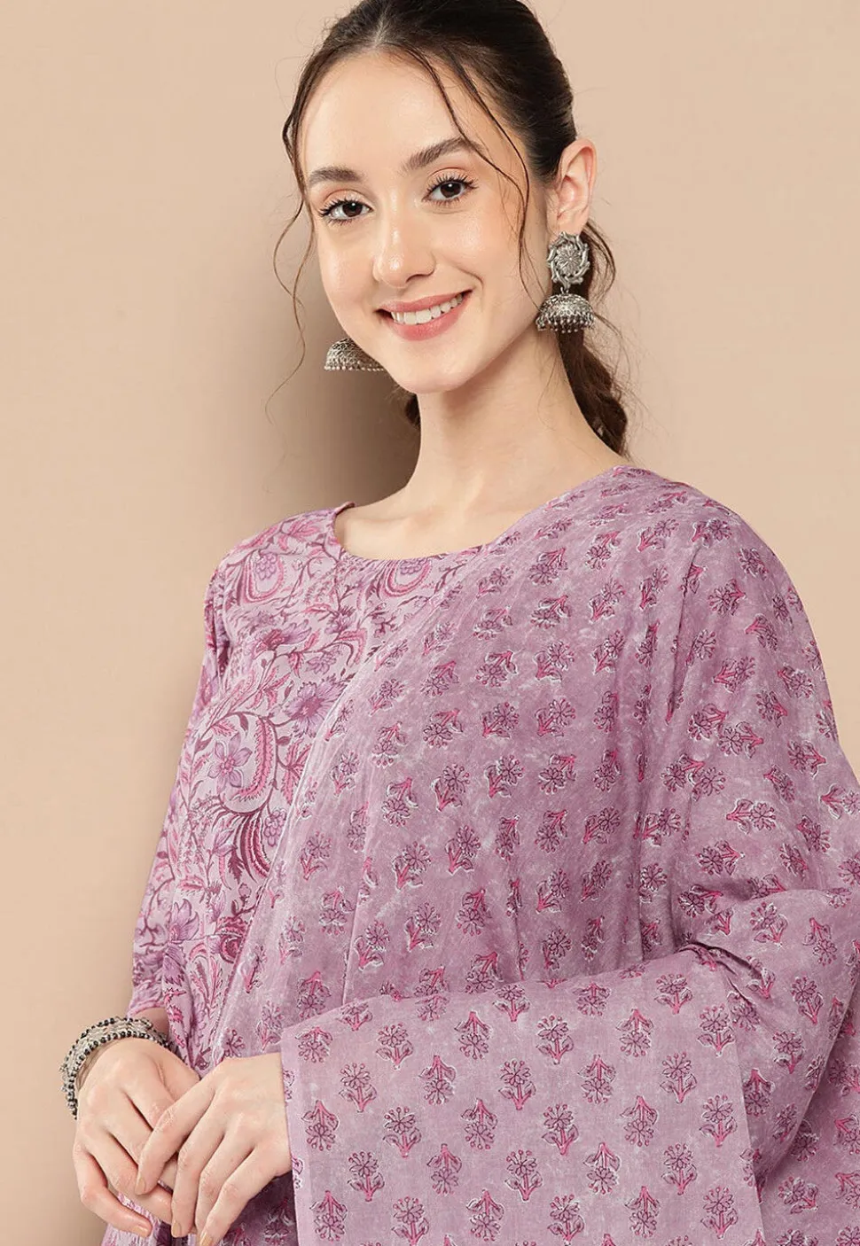 Kalamkari Printed Cotton A Line Suit in Dusty Pink