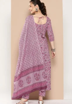 Kalamkari Printed Cotton A Line Suit in Dusty Pink