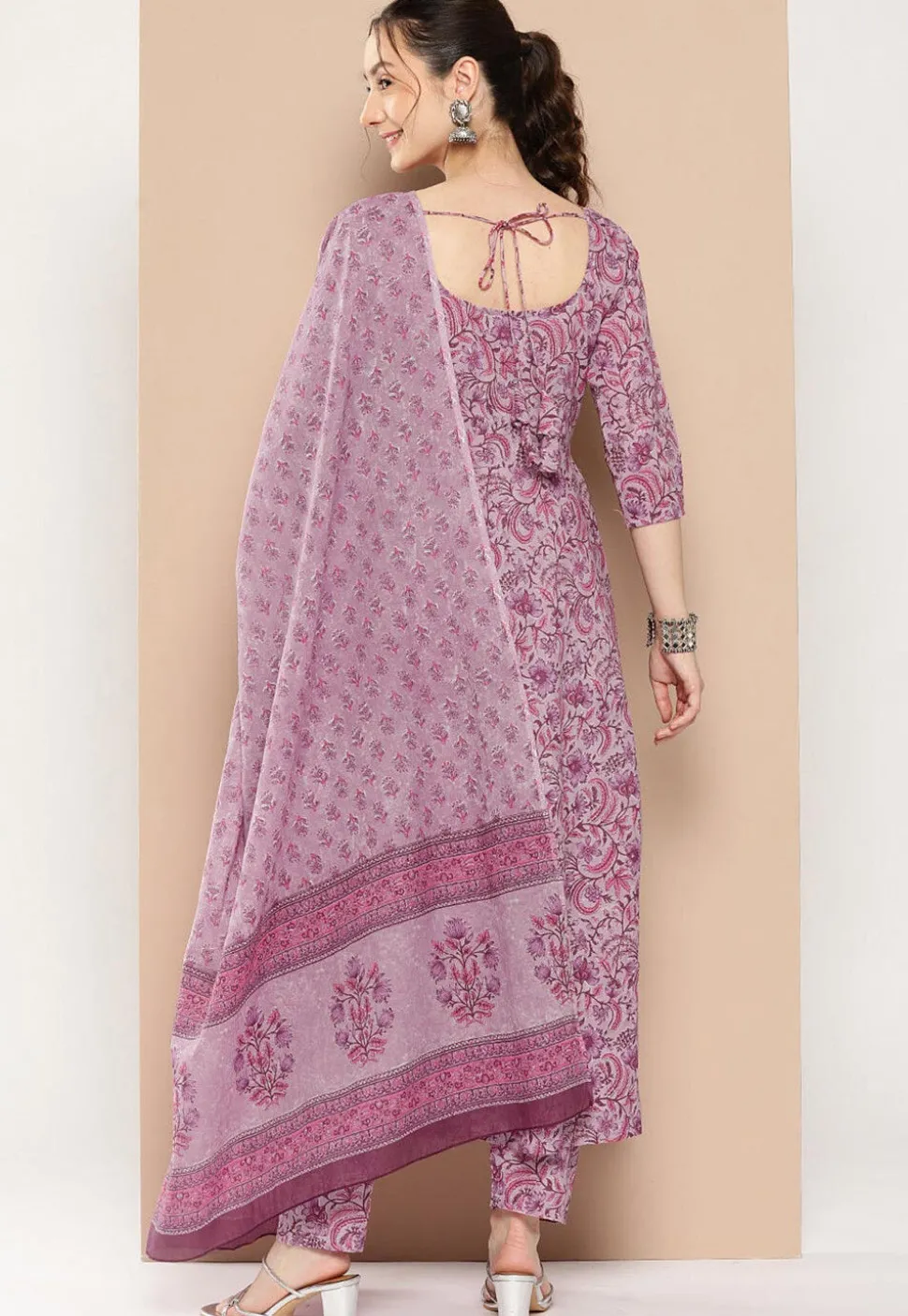 Kalamkari Printed Cotton A Line Suit in Dusty Pink