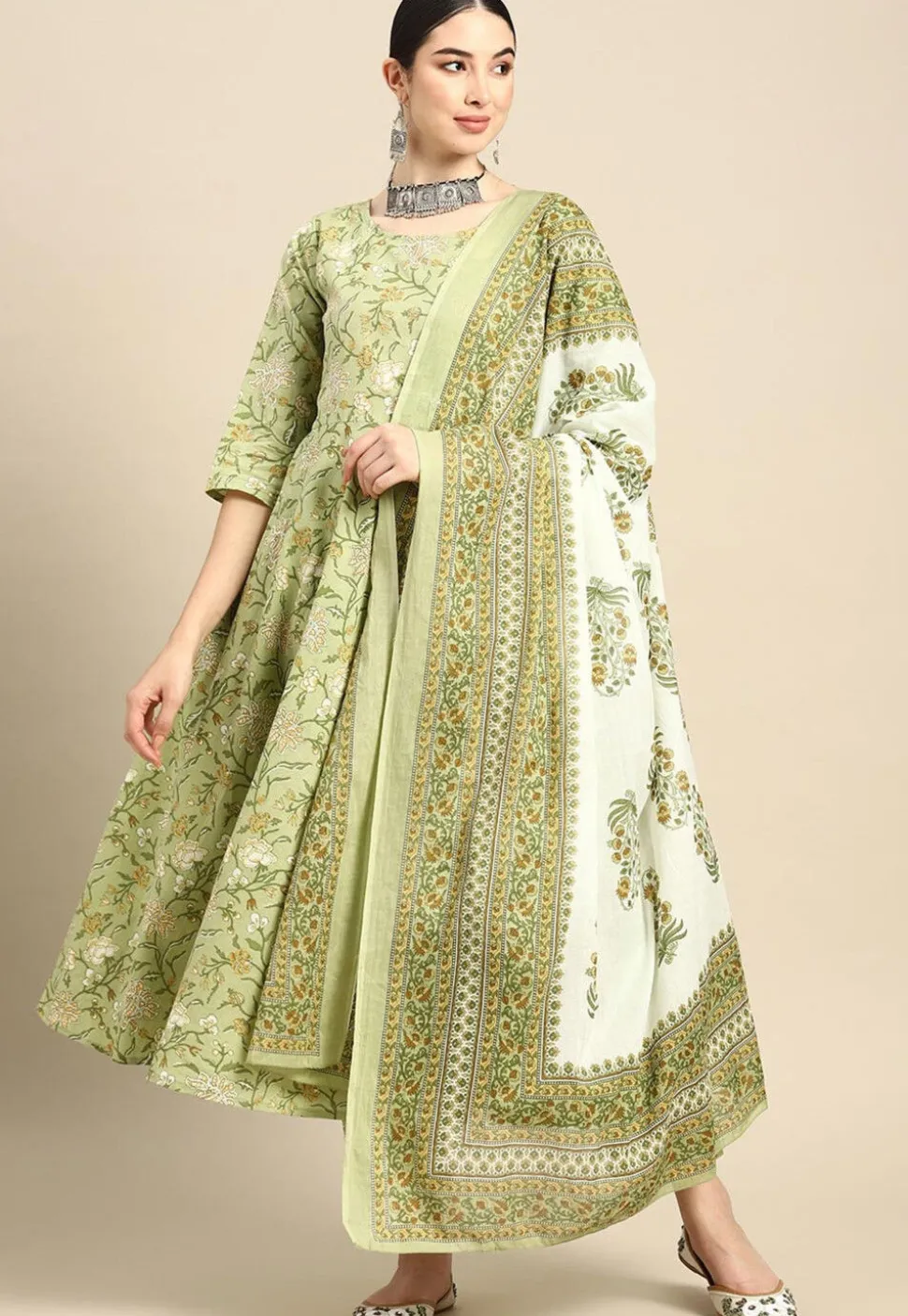 Kalamkari Printed Cotton A Line Suit in Light Olive Green