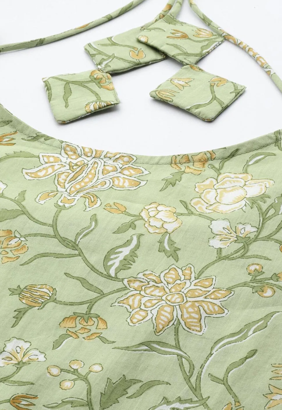 Kalamkari Printed Cotton A Line Suit in Light Olive Green