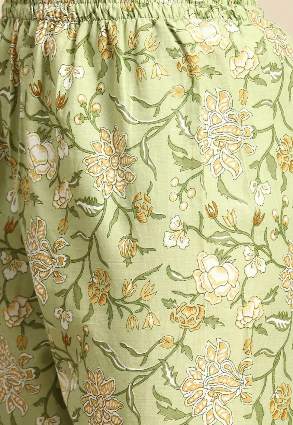 Kalamkari Printed Cotton A Line Suit in Light Olive Green