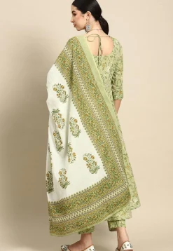 Kalamkari Printed Cotton A Line Suit in Light Olive Green