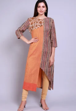 Kalamkari Printed cotton Asymmetric Kurta in Multicolor