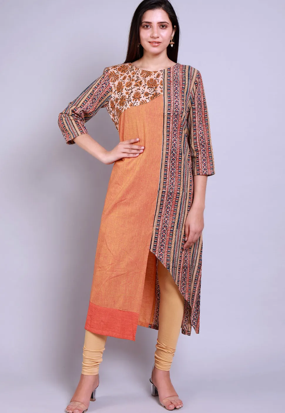 Kalamkari Printed cotton Asymmetric Kurta in Multicolor