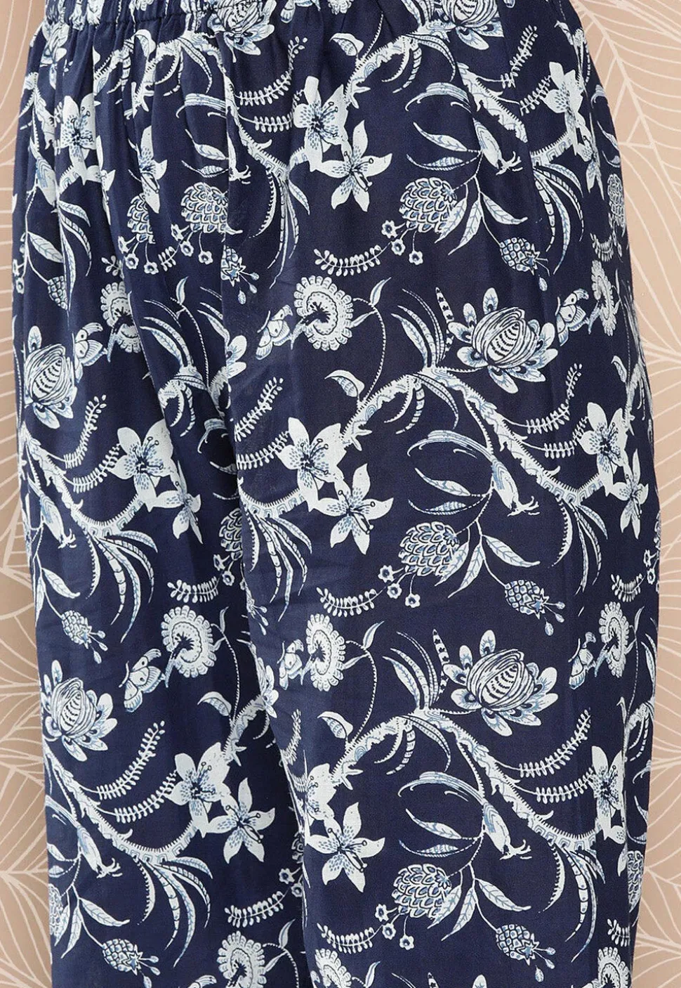Kalamkari Printed Cotton A Line Suit in Navy Blue