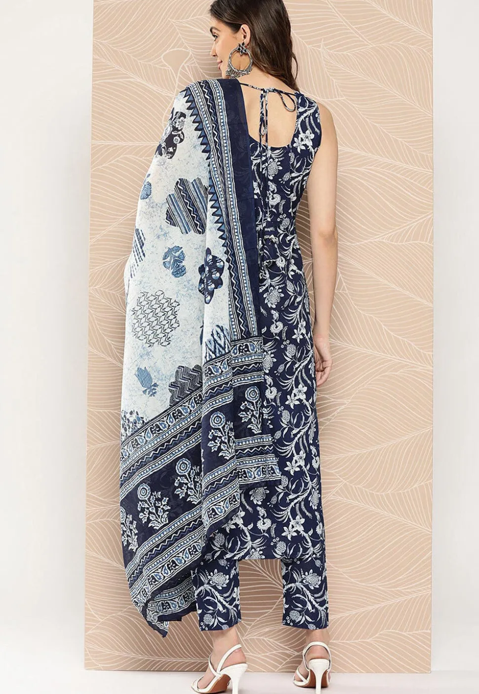 Kalamkari Printed Cotton A Line Suit in Navy Blue