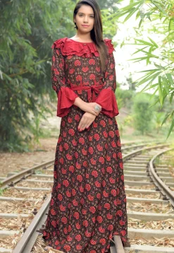 Kalamkari Printed Rayon Long Kurta in Red and Black