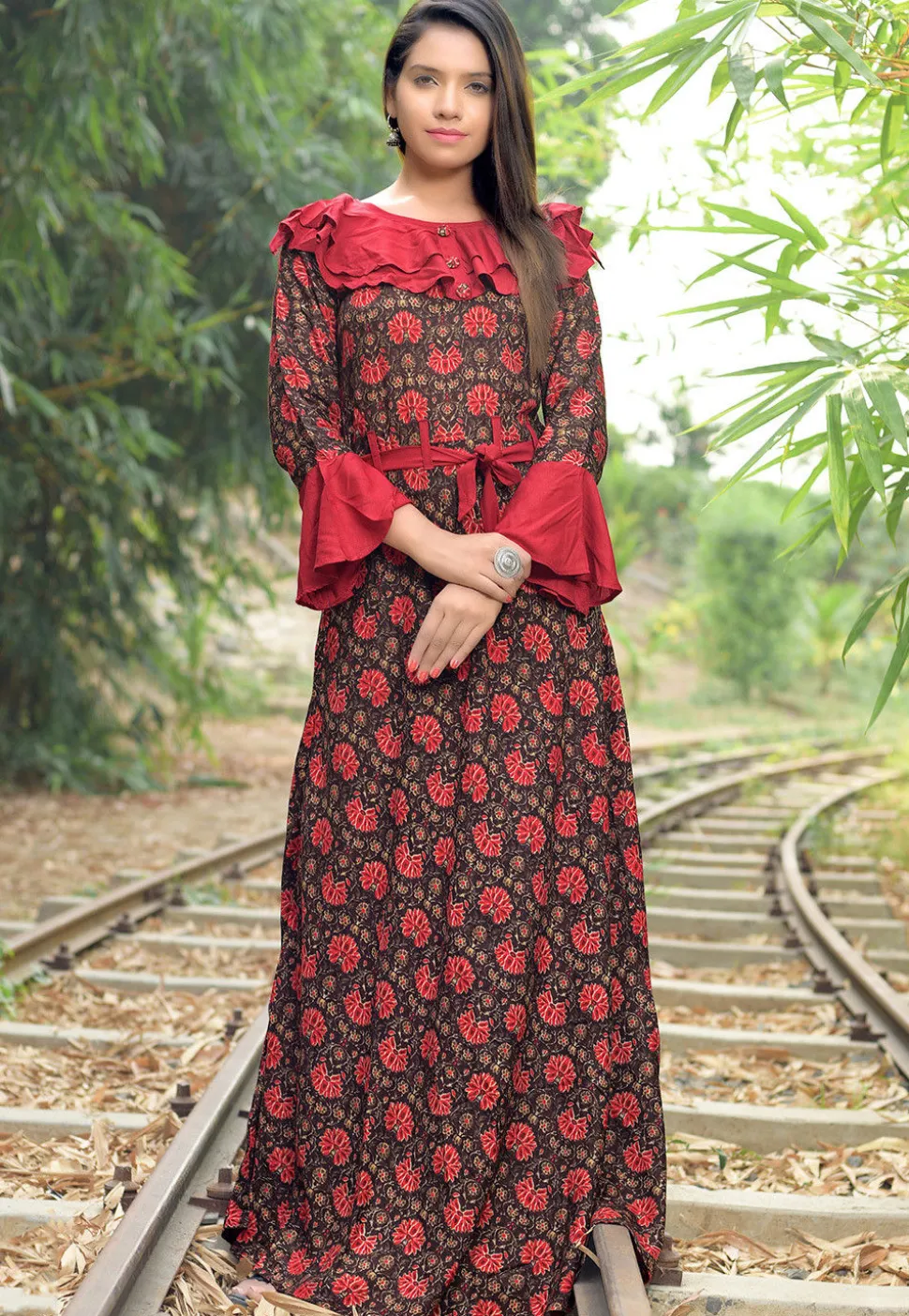Kalamkari Printed Rayon Long Kurta in Red and Black