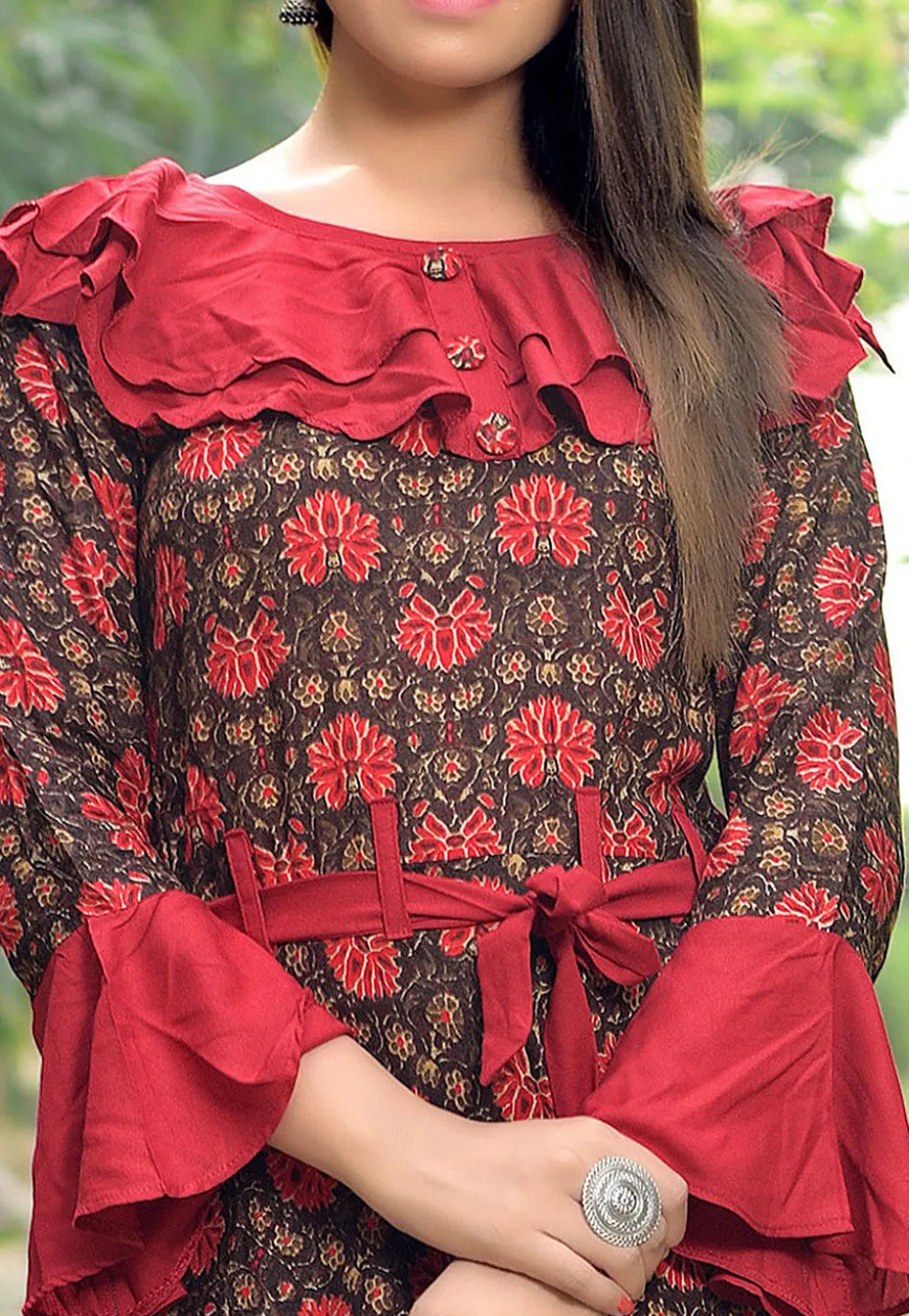 Kalamkari Printed Rayon Long Kurta in Red and Black