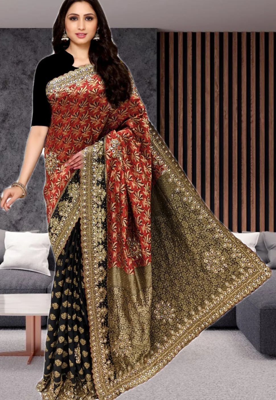 Kanchipuram Half N Half Saree in Maroon and Black