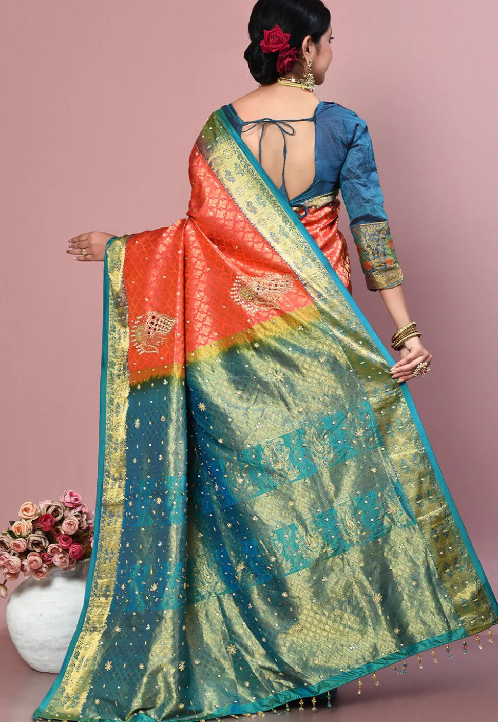 Kanchipuram Pure Silk Saree in Coral Pink