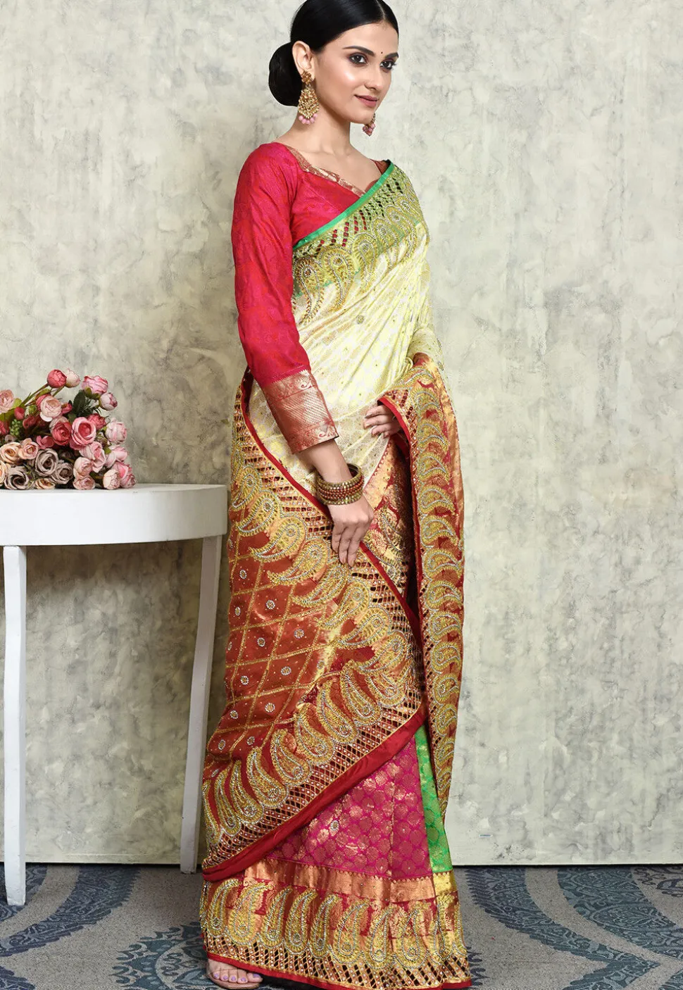 Kanchipuram Pure Silk Saree in Cream and Multicolor