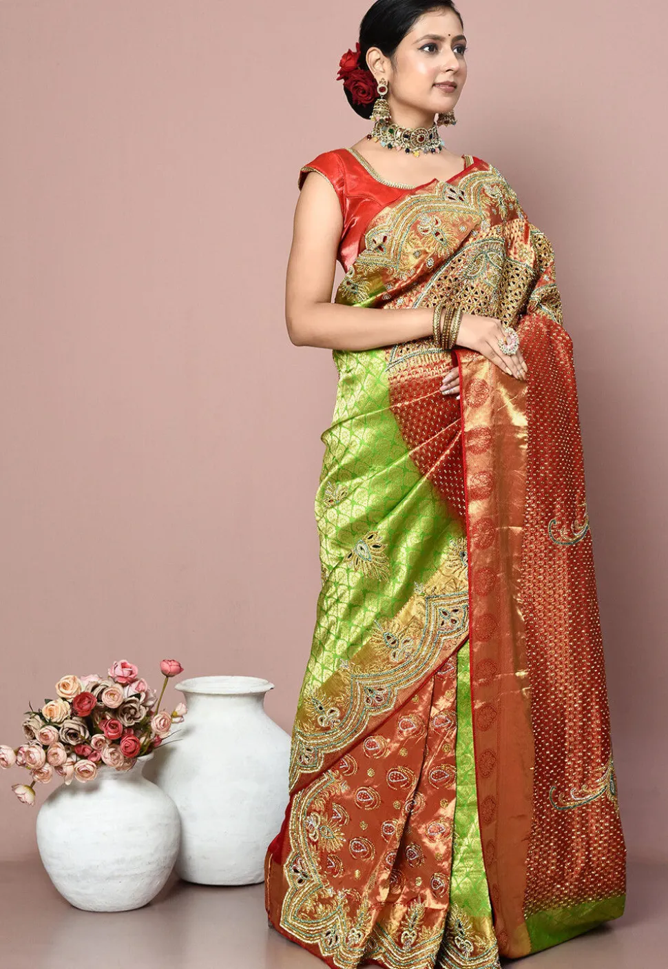 Kanchipuram Pure Silk Saree in Red and Green