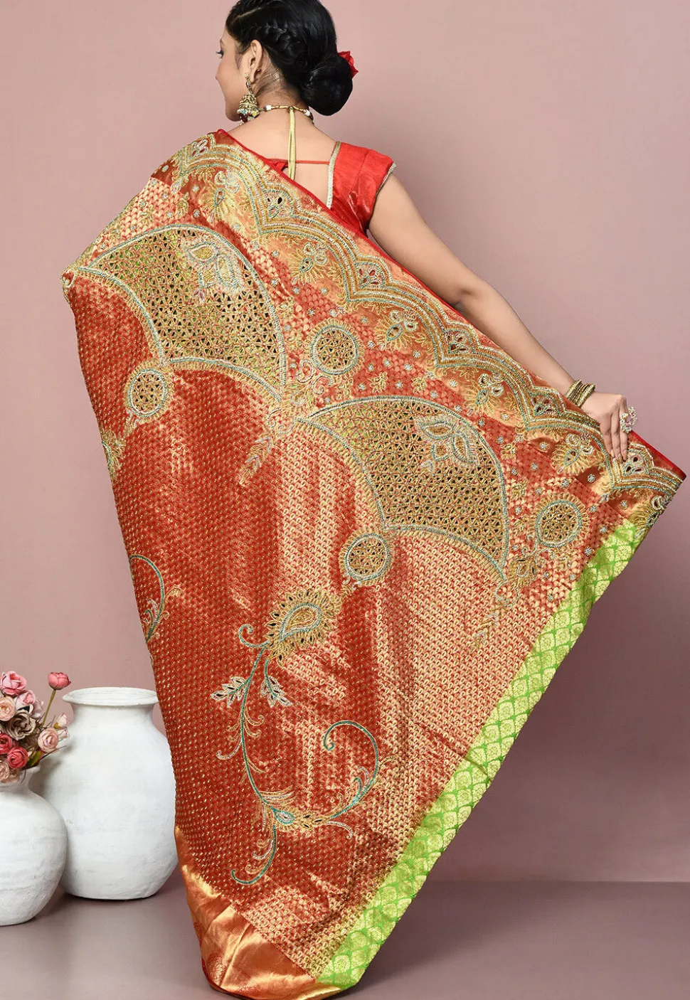 Kanchipuram Pure Silk Saree in Red and Green