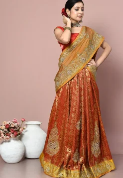 Kanchipuram Pure Silk Two Part Saree in Mustard and Red