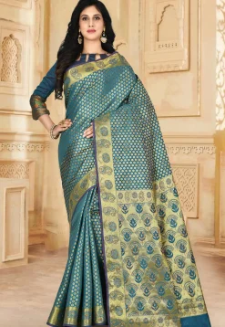 Kanchipuram Saree in Dark Teal Blue
