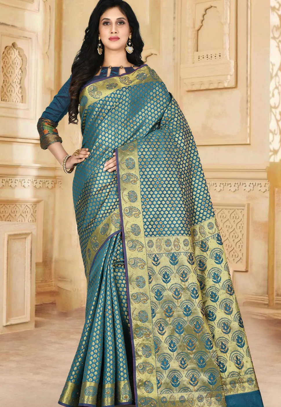 Kanchipuram Saree in Dark Teal Blue