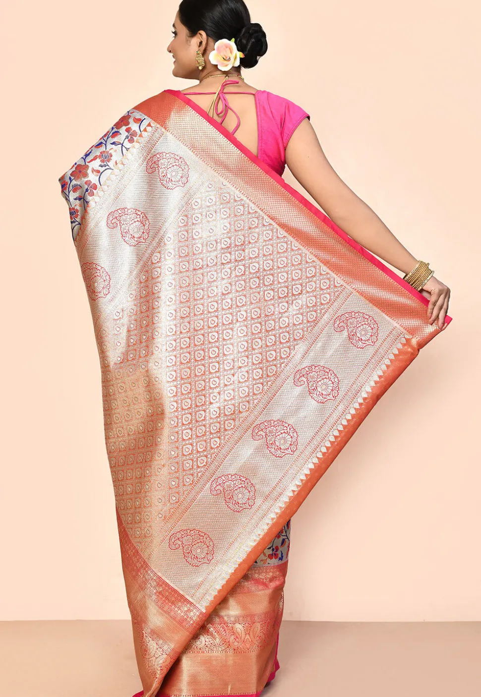 Kanchipuram Saree in Golden and Silver Dual Tone