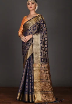 Kanchipuram Saree in Navy Blue and Antique