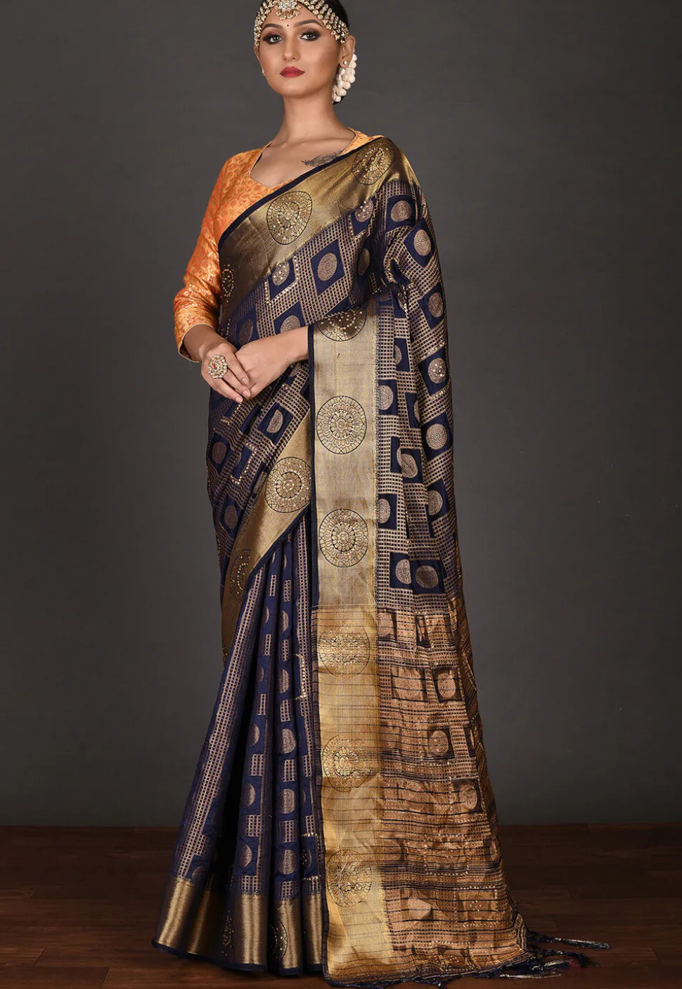 Kanchipuram Saree in Navy Blue and Antique
