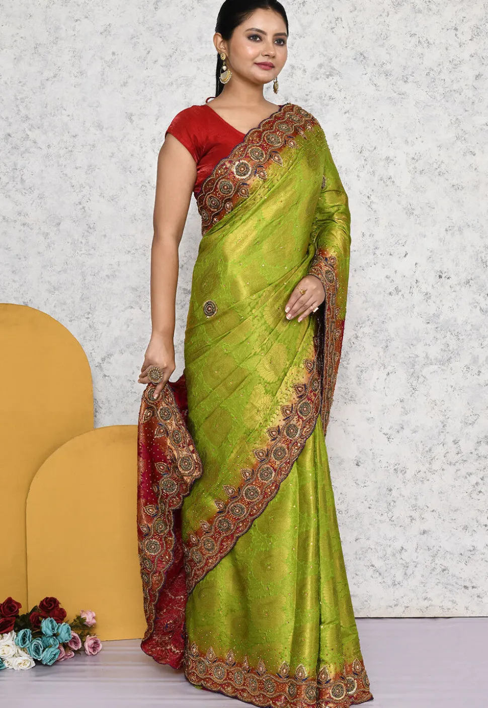 Kanchipuram Scalloped Saree in Olive Green