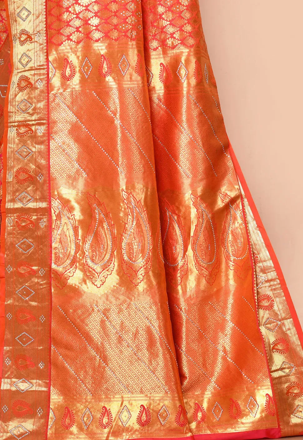 Kanchipuram Silk Embellished Saree in Coral Pink