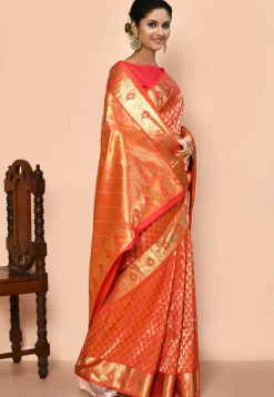 Kanchipuram Silk Embellished Saree in Coral Pink